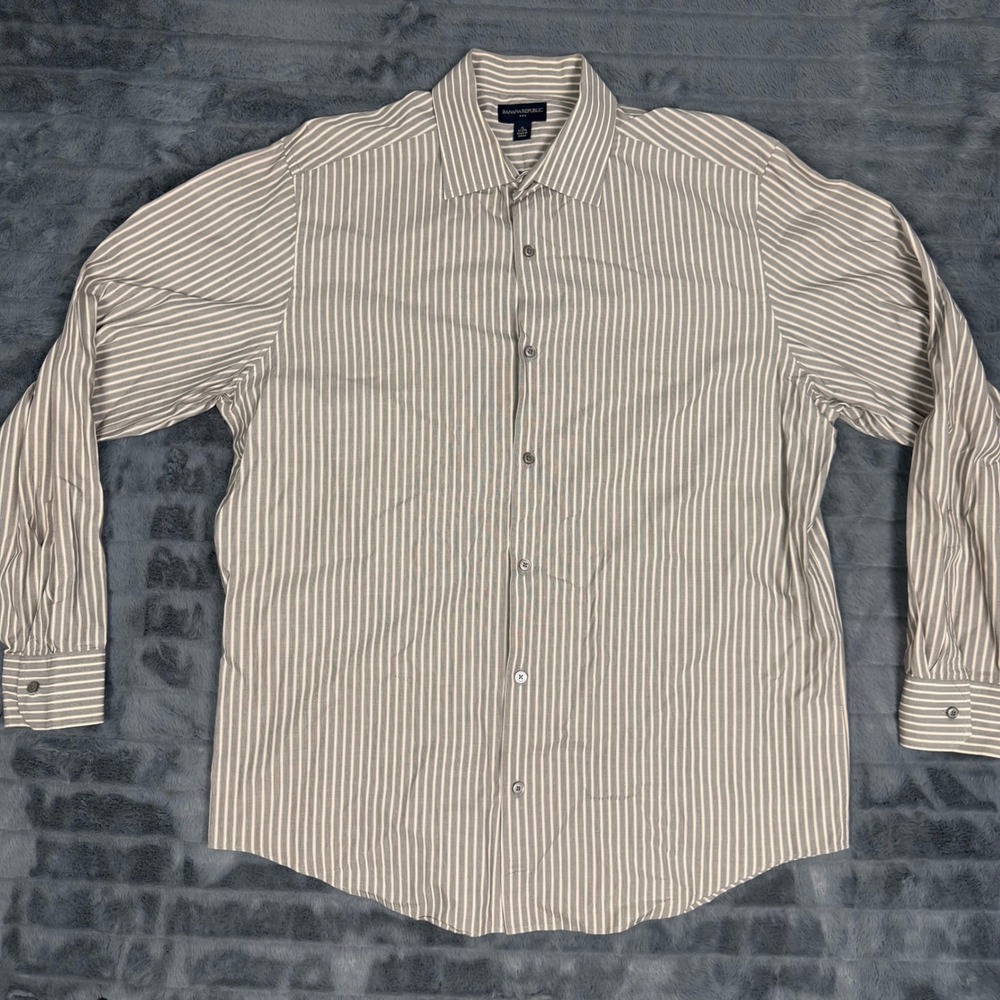 Banana Republic Mens XL Grey White Striped Button Down Shirt Long Sleeve Cotton